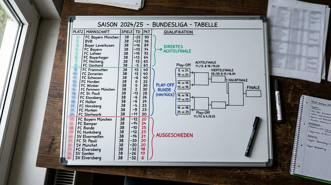 Taktiktafel mit Ligaphase-Tabelle der Champions League und 36 Mannschaften im neuen Format