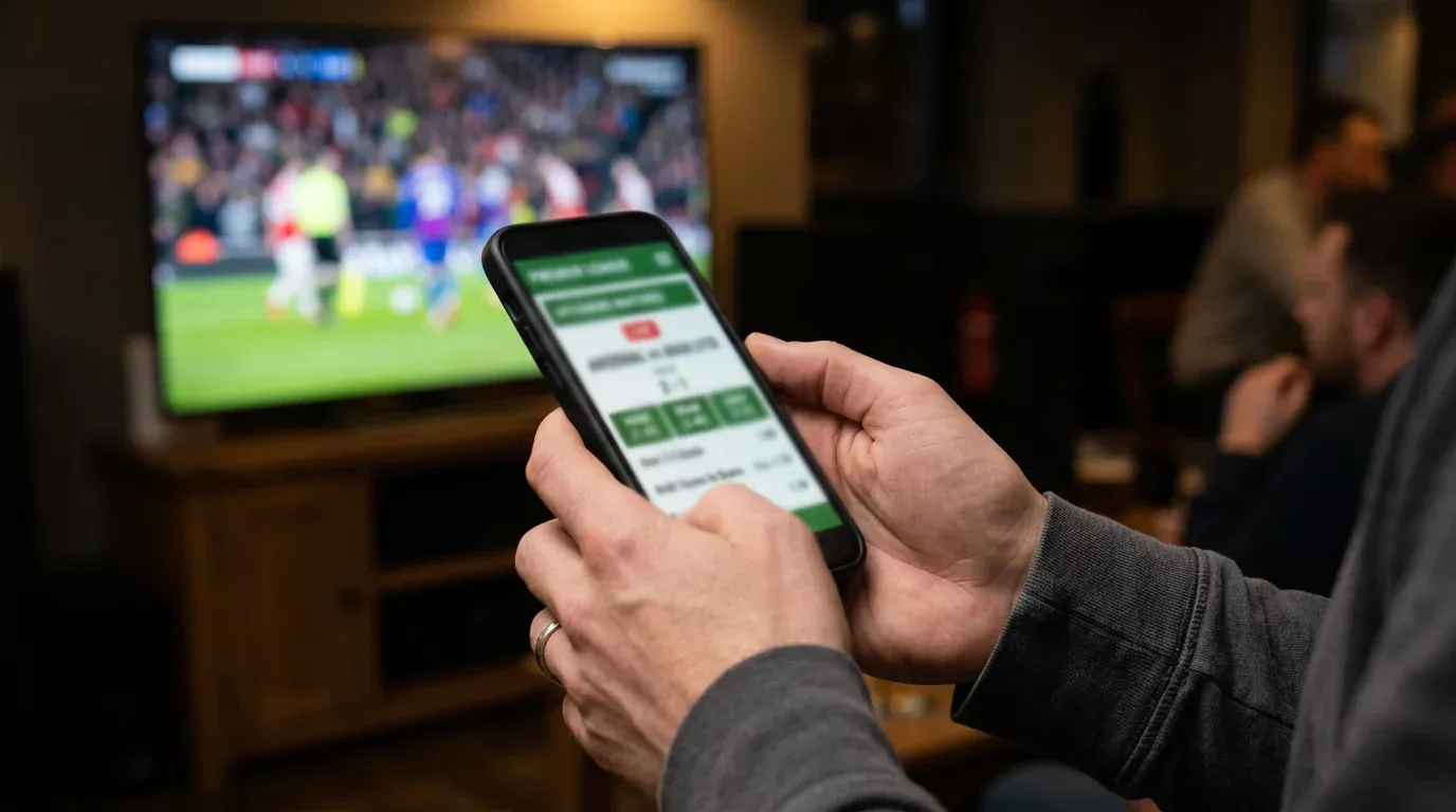 Fußballfan verfolgt Champions-League-Spiel und Wettquoten auf dem Smartphone im Stadion