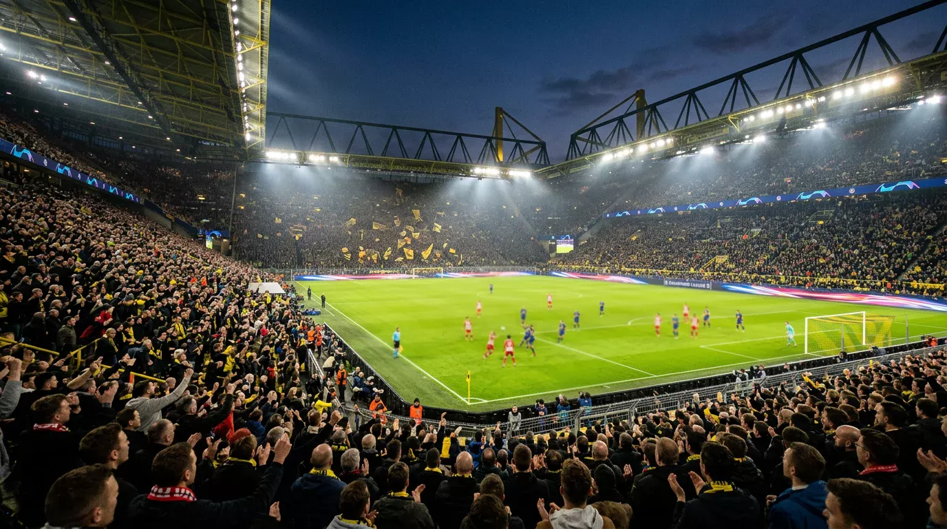 Champions-League-Nachtspiel im Stadion mit Flutlicht und vollem Zuschauerrang